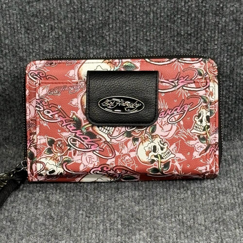 Ed Hardy Wallet Wristlet Womens Red Skull Rose Tattoo Double Zip Snap Front